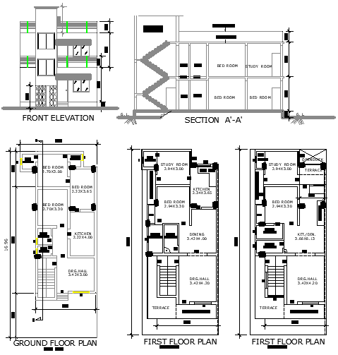9.73x7.05m Single Story Residential Plan with Elevation CAD File