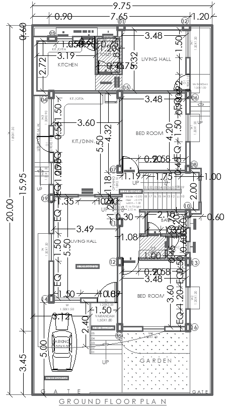 9.75x20m 2BHK House Plan with Garden in DWG Format