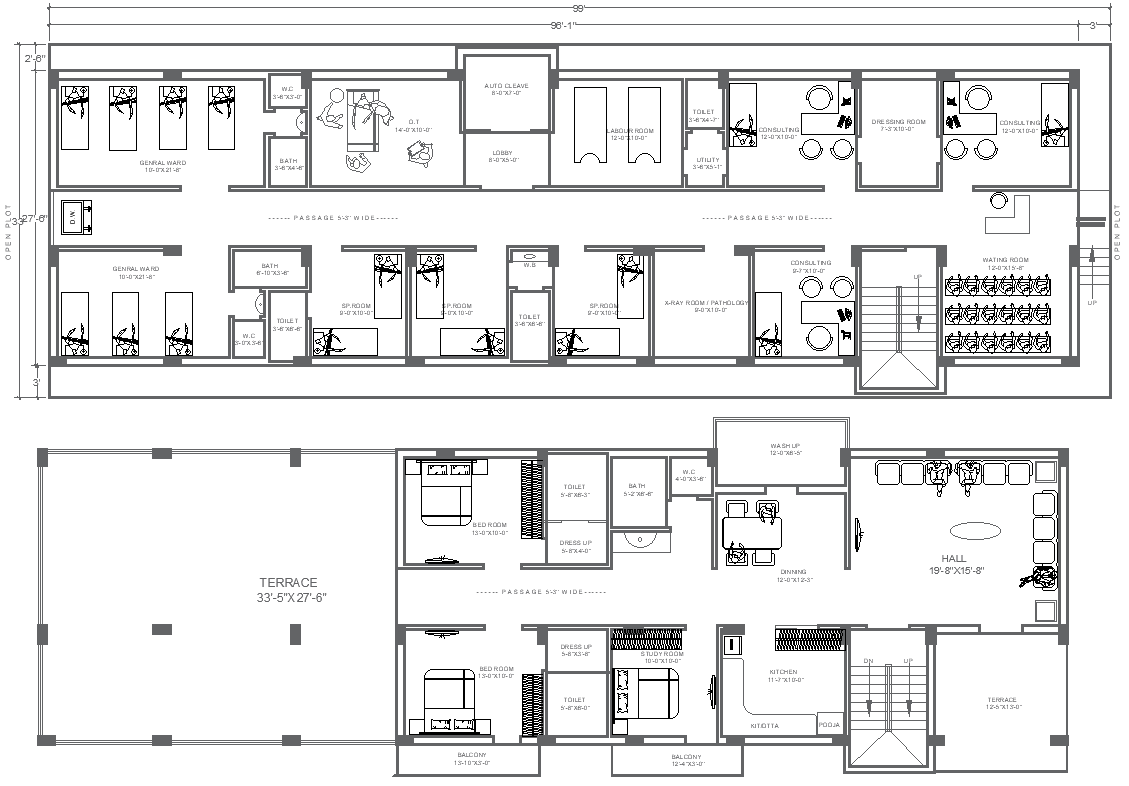 99ft x 33ft Hospital and House Layout Plan Design – AutoCAD DWG Download File 