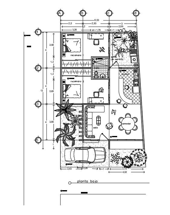 9X13m ground floor house plan is given in this Autocad drawing file. Download now.