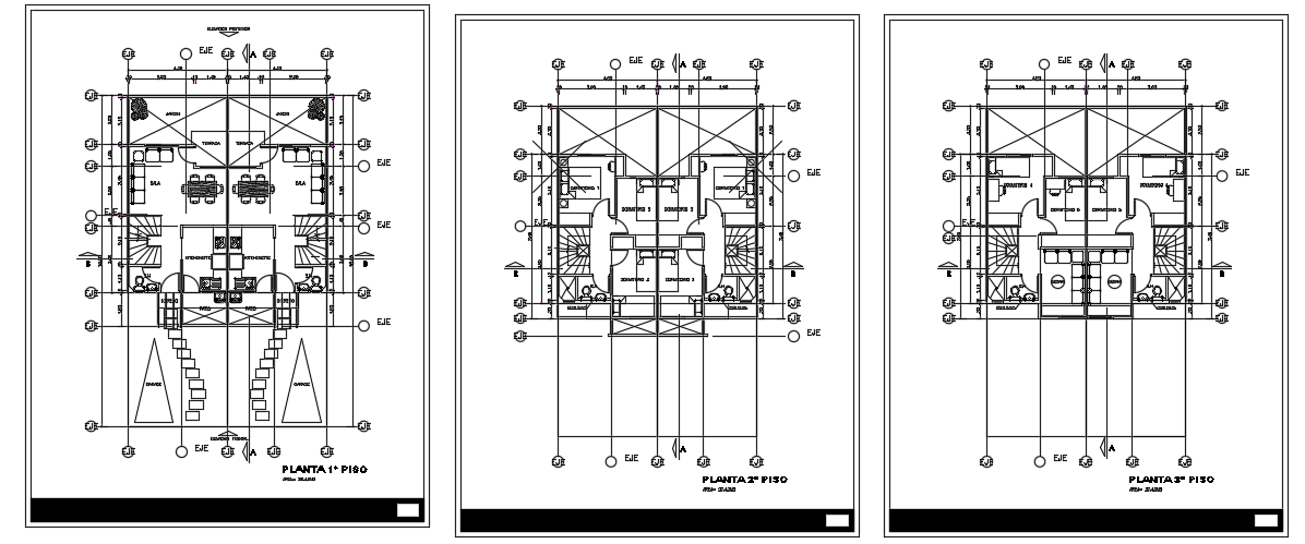 9X15m three story duplex house plan CAD drawing is given in this model
