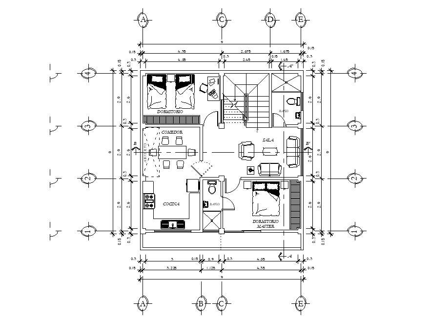 9X9 Meter House Drawing With Centre Line Plan Download DWG File
