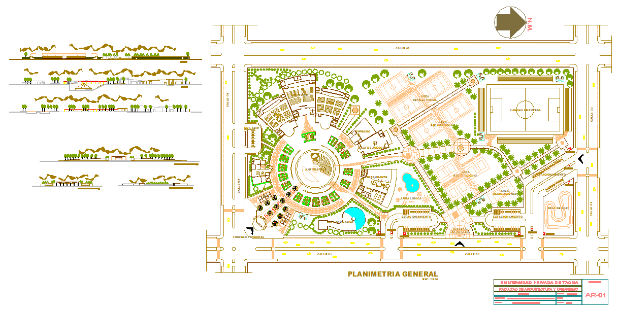 Sport center DWG layout with football and basketball area in 120m site