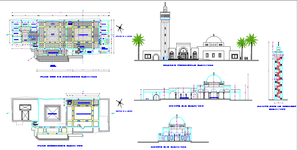 Masjid Architectural Detail Plan with Elevation and Minaret DWG File