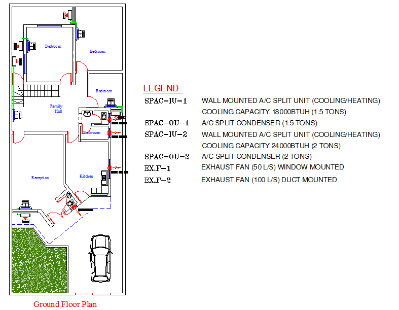 Ground Floor House AutoCAD Plan with HVAC Layout and Room Zoning