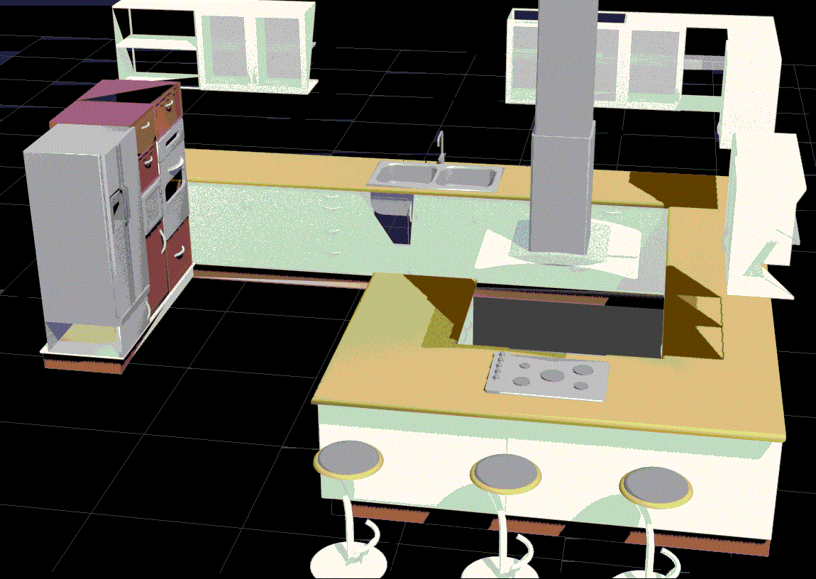 3D Kitchen AutoCAD DWG with Furniture Details and Render View