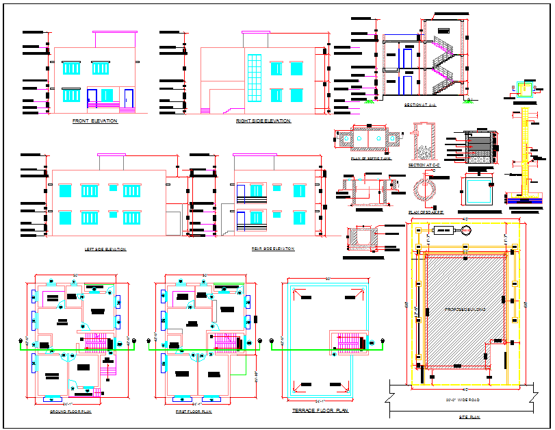 Two Story House AutoCAD DWG with Plan, Section, and Elevation Details
