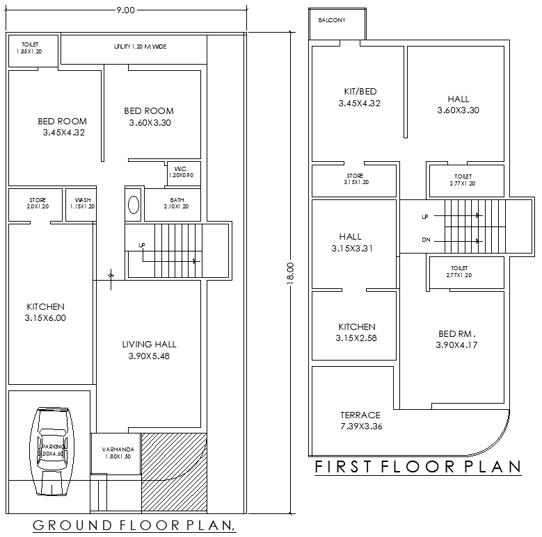 9mx18m 3BHK Ground and First Floor House Plan Design DWG File