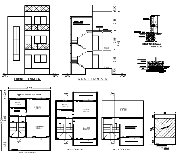 9x6.25m Multi-Floor Residential House Layout Plan in CAD Drawing File