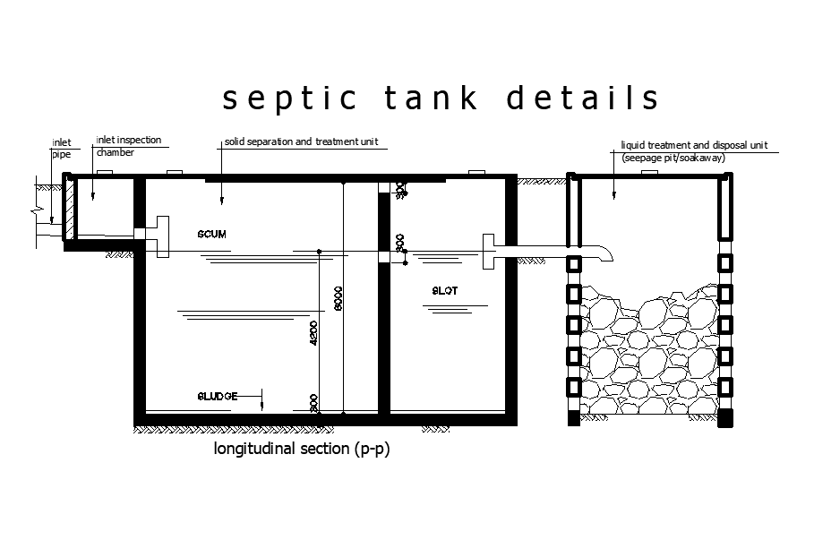 9x10m house plan of Longitudinal section view of septic tank is given in this Autocad drawing file. Download now.