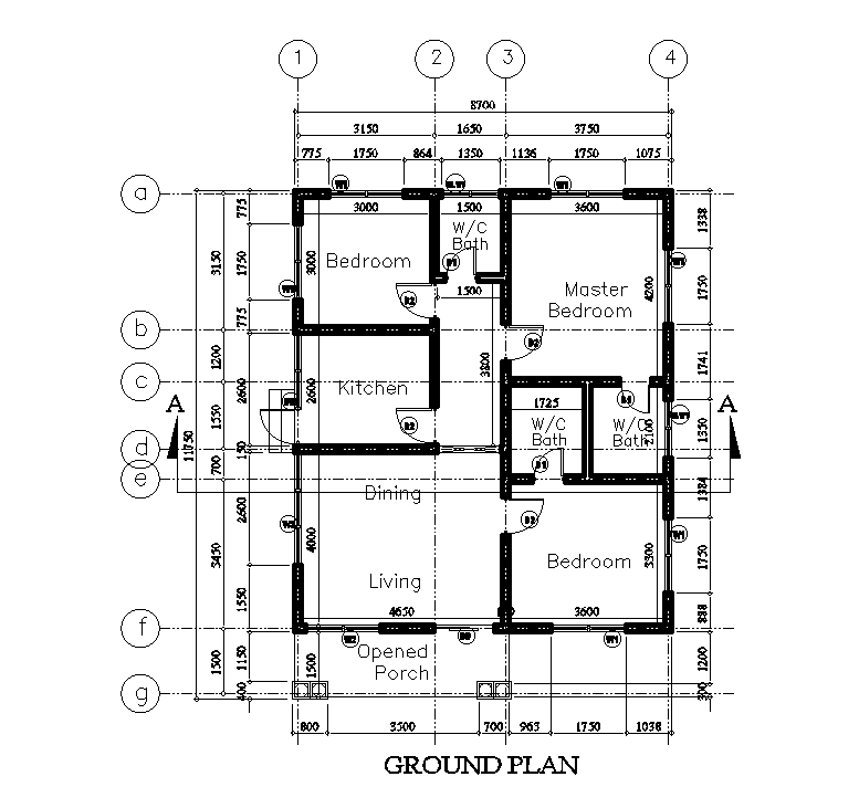 9x11m ground floor house plan is given in this Autocad drawing file. Download now.