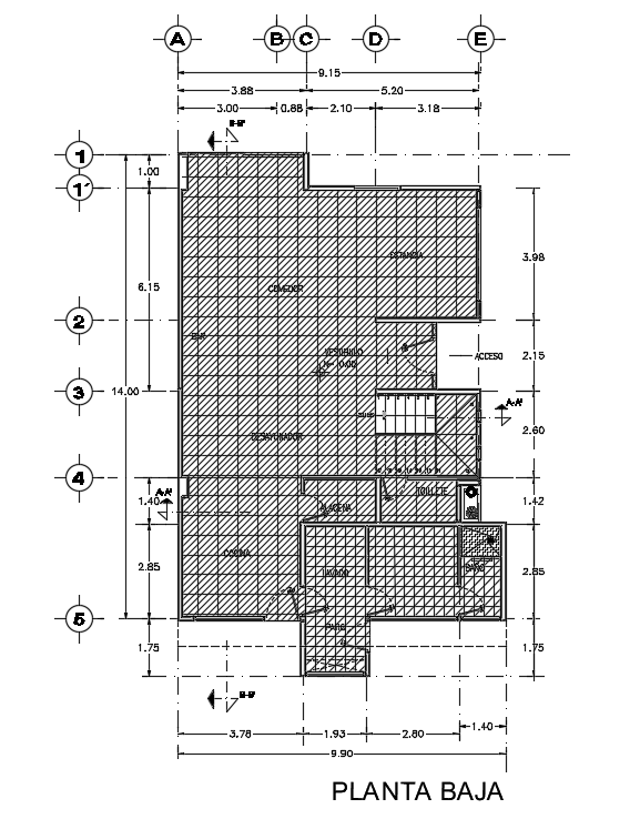 9x14m ground floor house plan slab detail drawing is given in this Autocad drawing file.Download now.
