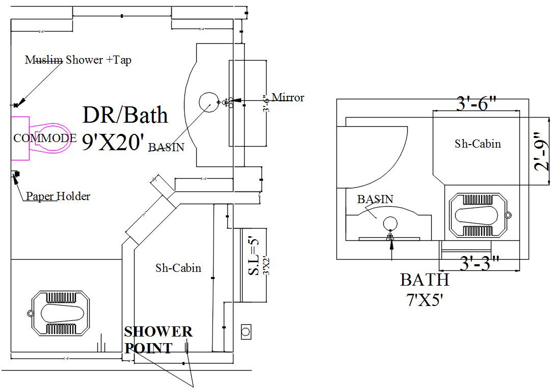 9'x20' and 7'x5' sized bathroom plans in AutoCAD drawing, CAD file