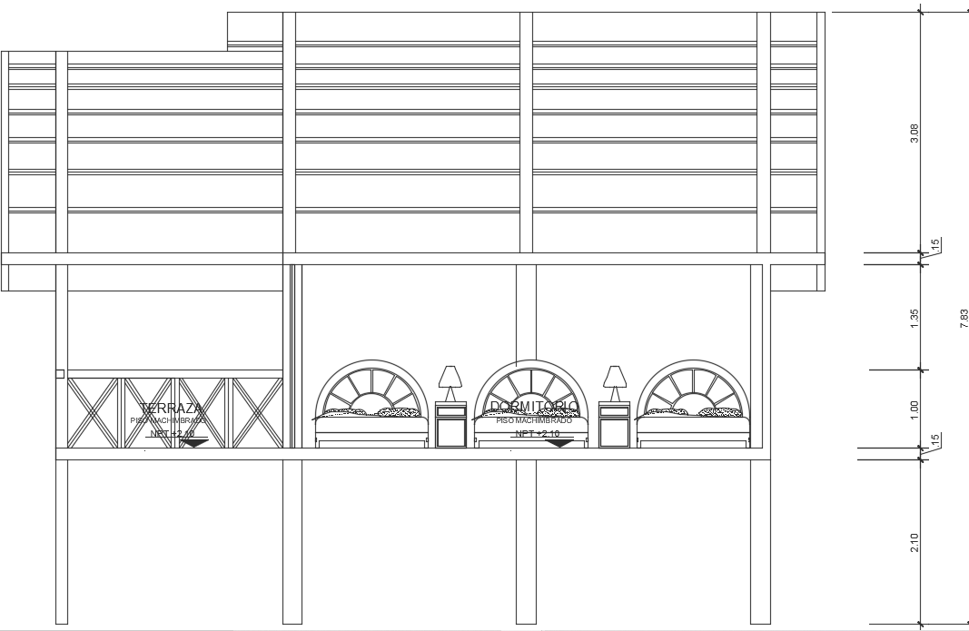 9x4m Bedroom Building Front cut Section AutoCAD Drawing