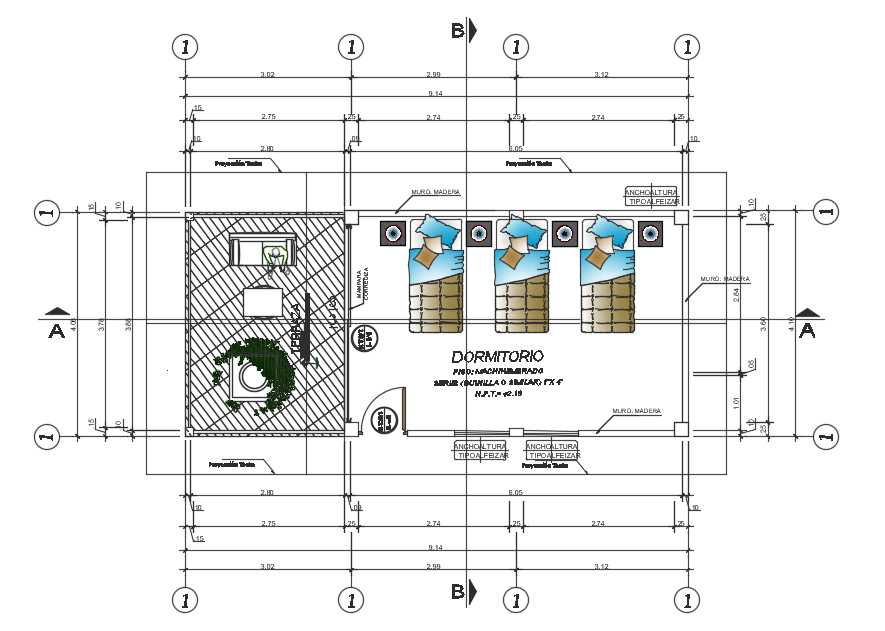 9x4m house bedroom plan with open terrace 2d AutoCAD drawing