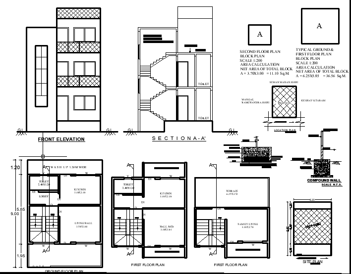9x6.25m G plus 2 Bungalow AutoCAD Drawing Plan with Elevation