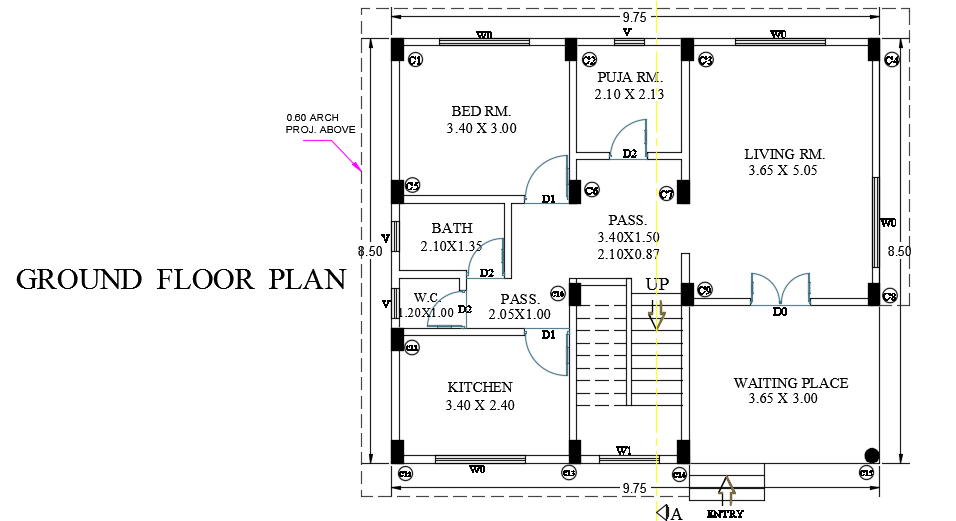 9x9m architecture ground floor house plan AutoCAD drawing