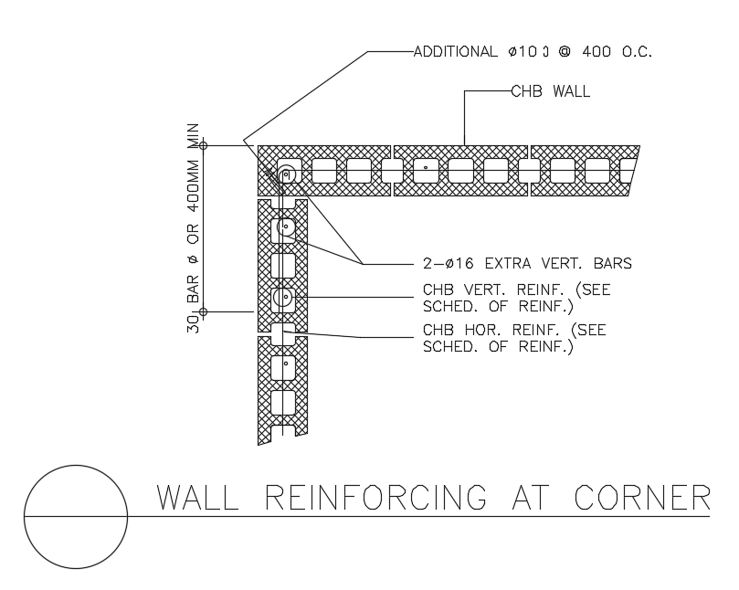 9x9m hospital plan of wall reinforcing at corner detail is given in this Autocad drawing file. Download the Autocad model.