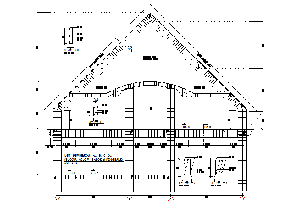 A 1,B,C,D 1 column,beam and ring balk structure view for office dwg file
