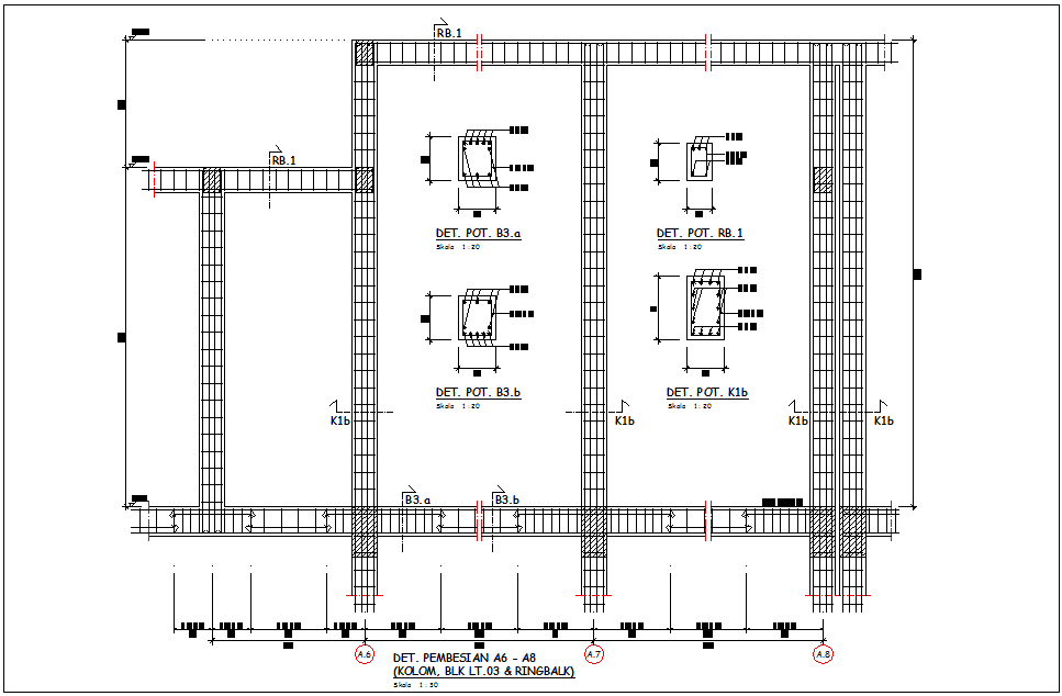 A-6 to A-8 column,block and ring balk construction detail view for government building view dwg file