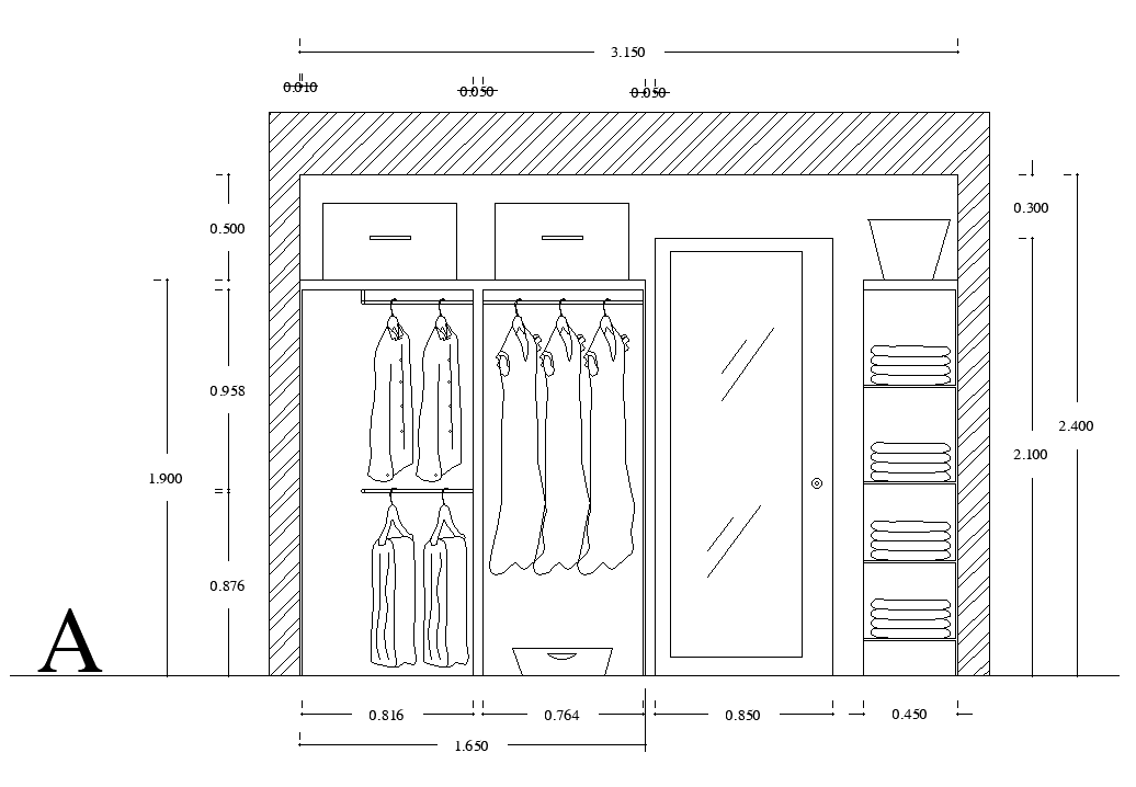 AA section view of 3x3m dressing wardrobe is given in this Autocad drawing file.Download now.