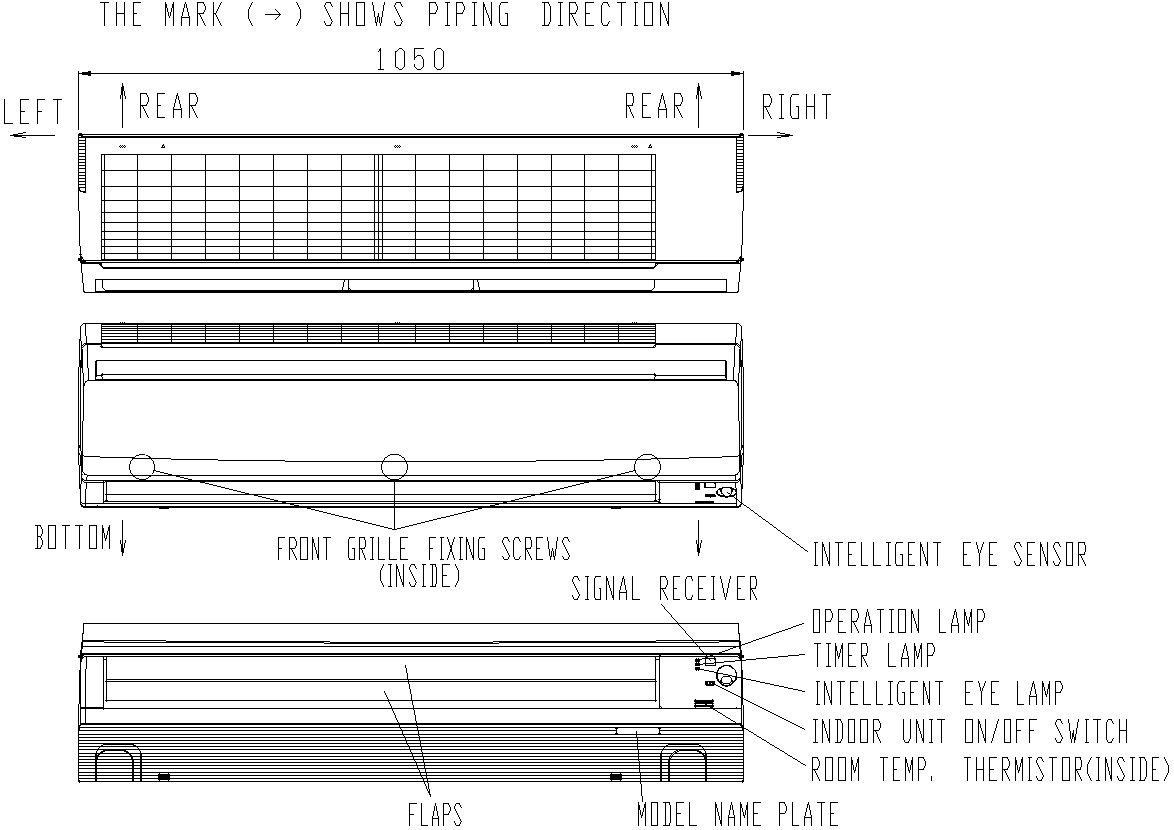 AC 1050x290 front side elevation in detail with dimentions.