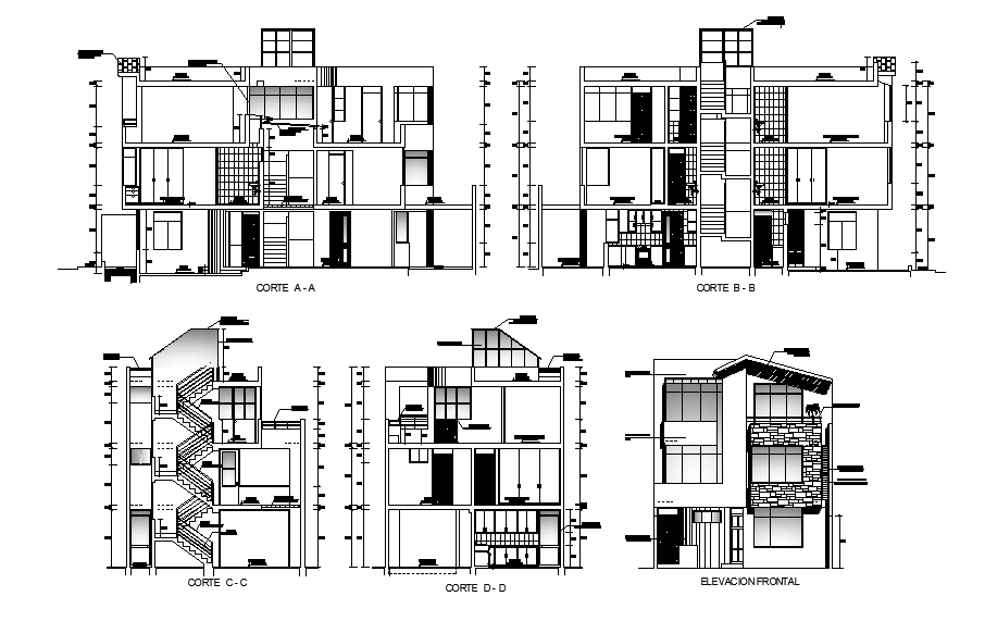 A G+ 2 residential building section view is given in this Autocad model. Download now.