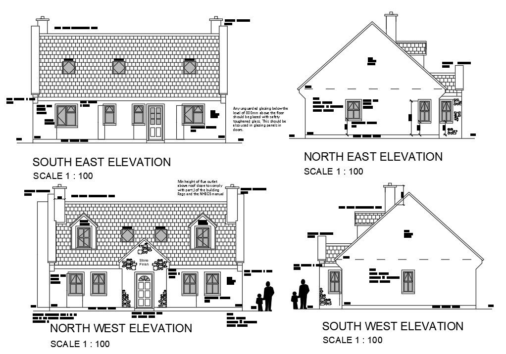 A beautiful roof house plan four side elevation is given in this AutoCAD DWG File. Download the AutoCAD Drawing file.