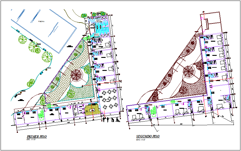 Accommodation view of hotel area first and second floor plan dwg file