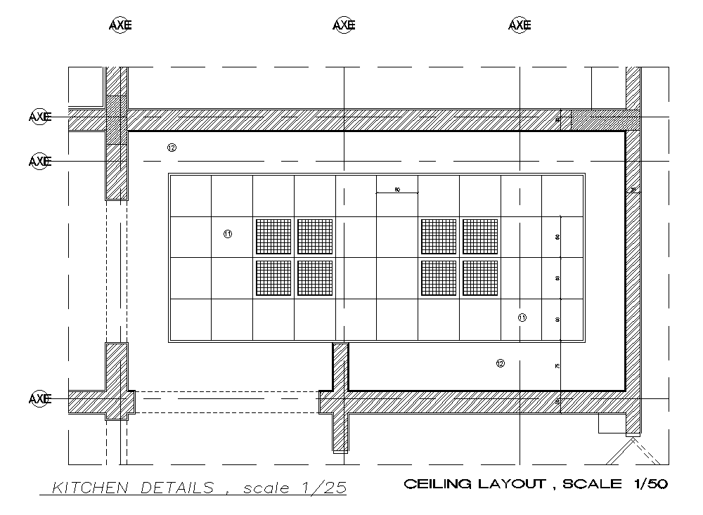 A ceiling layout of the 748x447cm kitchen plan AutoCAD drawing