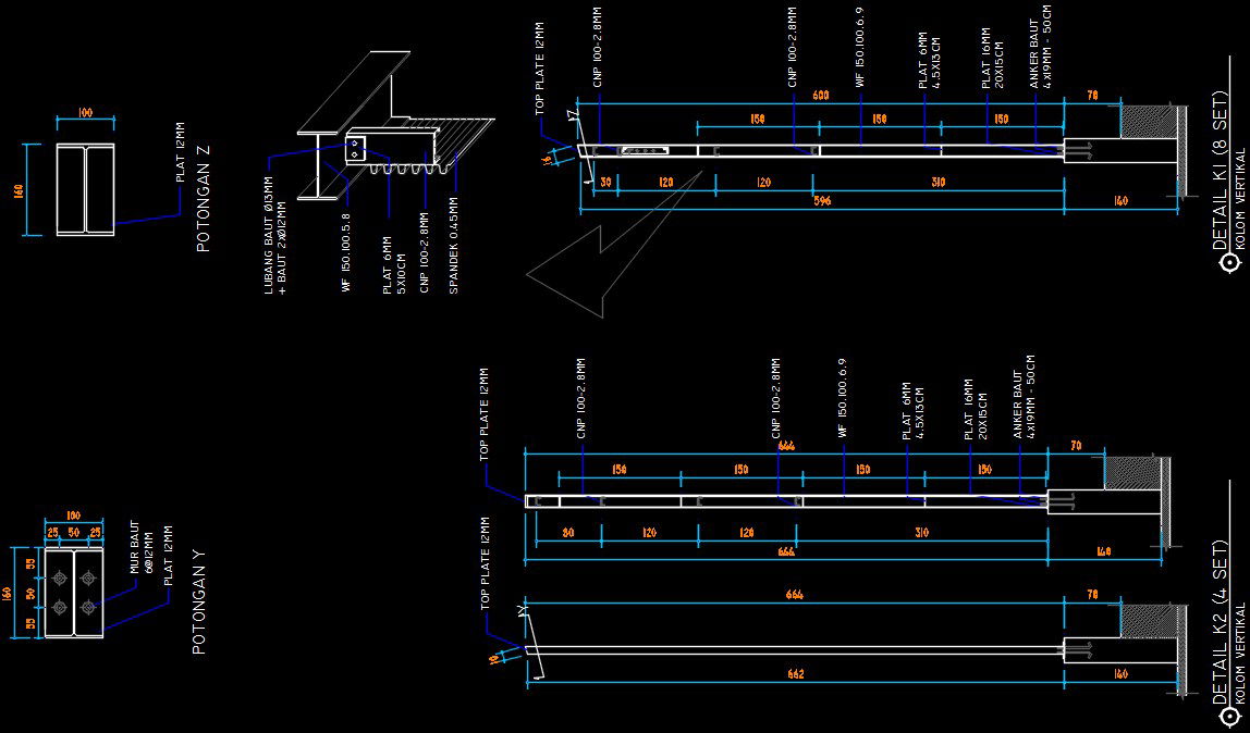 A column and cross section detail drawing is given in this model