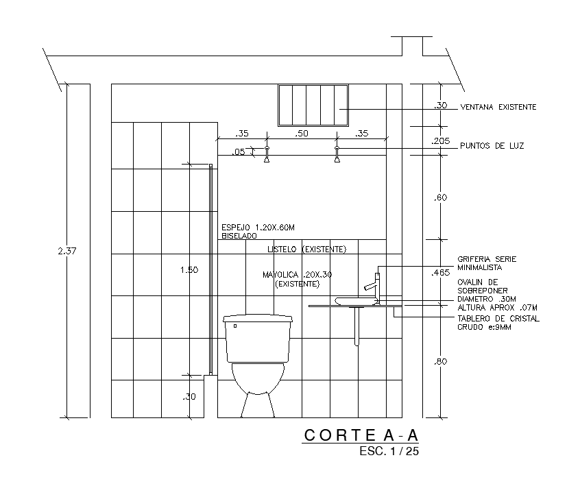 2.35x1.53m Toilet Plan Corte View AutoCAD DWG Drawing for Architects