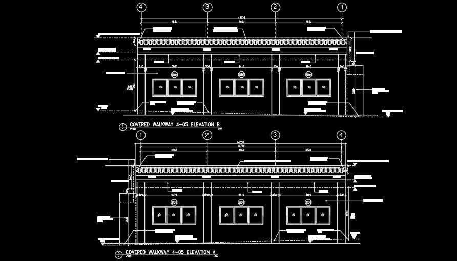 A covered walkway elevation drawing is given in this AutoCAD model