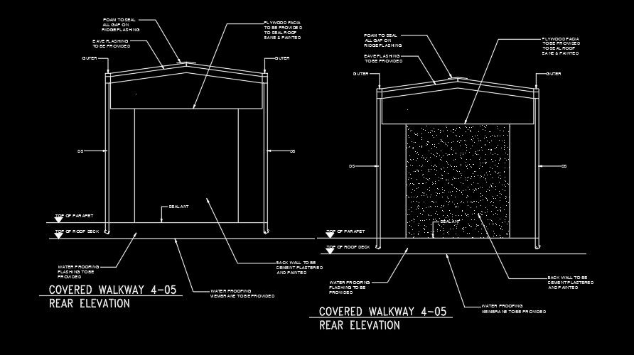 A covered walkway rear elevation drawing is given in this AutoCAD model