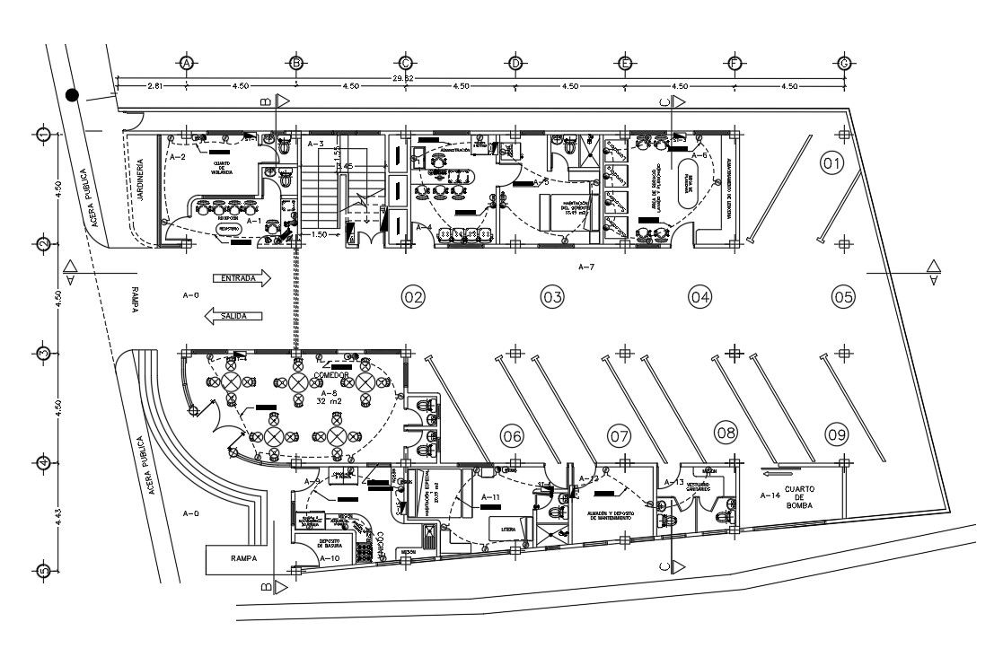 A current socket detail of the 30x17m ground floor hotel plan is given in this AutoCAD model. Download now.