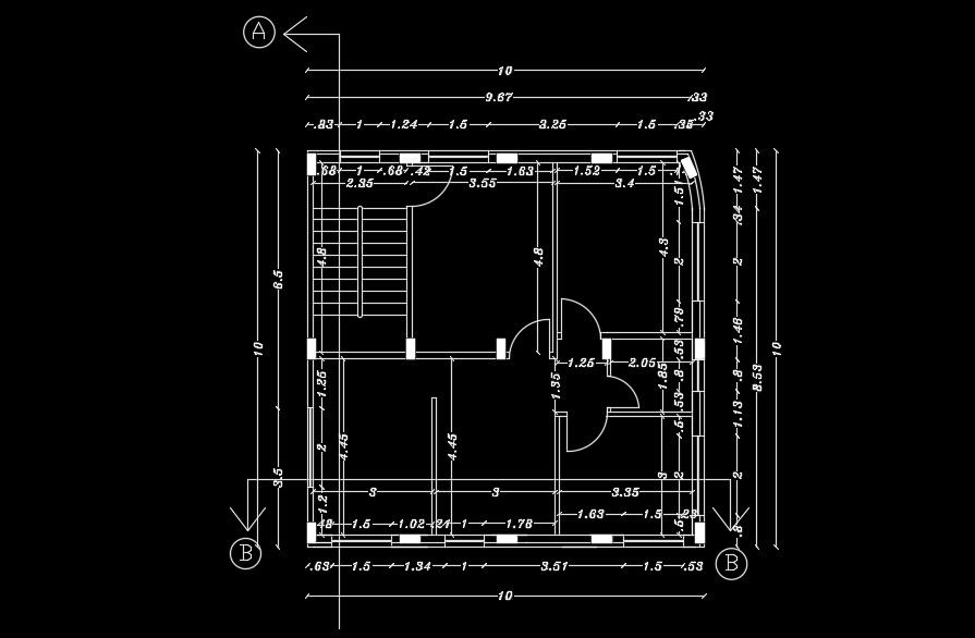 A cut section view of the 10x10m house plan is given in this AutoCAD