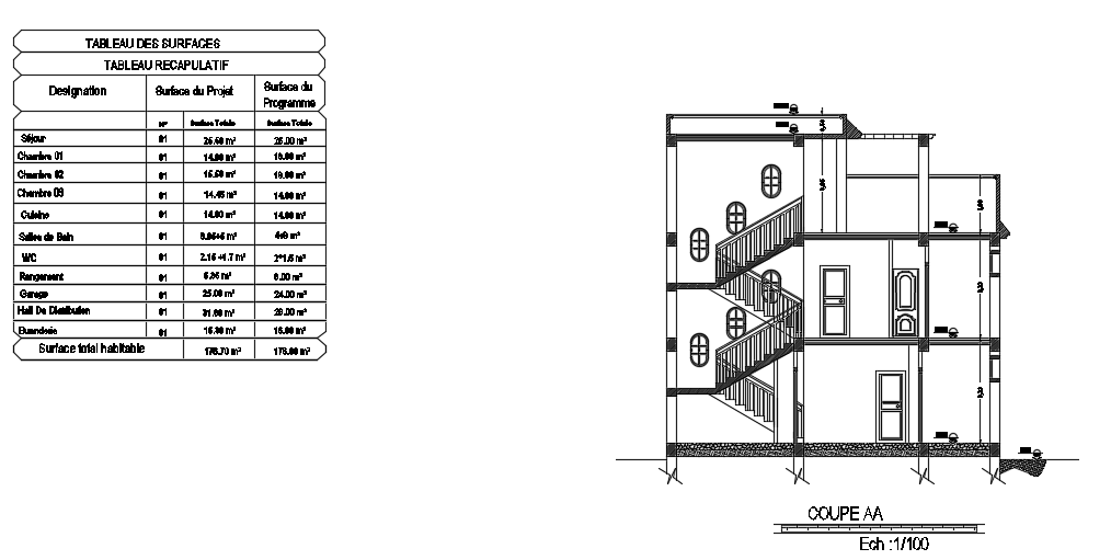 A cut section view of the 12x14m villa house building cad drawing is given in this model