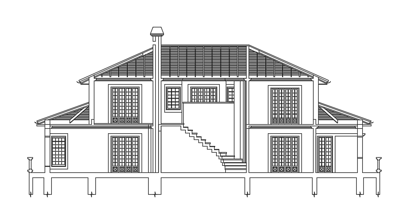 A cut section view of the 21x17m family house building AutoCAD model
