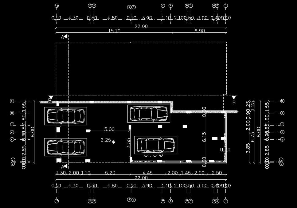 A cut section view of the 22x22m ground floor house plan