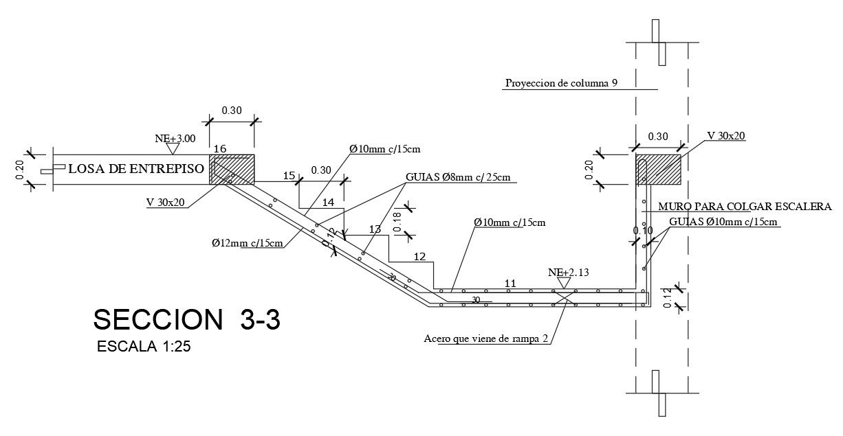 A cut section view with reinforcement detail of 4m length of staircase is given in this Autocad drawing file. Download now.