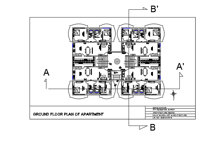 A cut view of the 27x20m ground floor apartment house plan 2d AutoCAD drawing