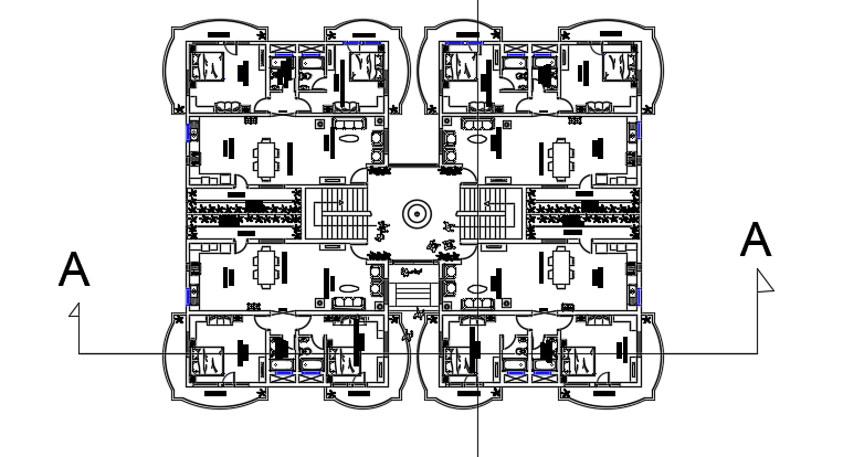 A cut view of the 27x20m second floor apartment house plan 2d AutoCAD drawing