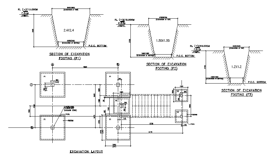 A detail of excavation layout has given in this 2D Autocad DWG drawing file. Download the 2D AutoCAD DWG drawing file.