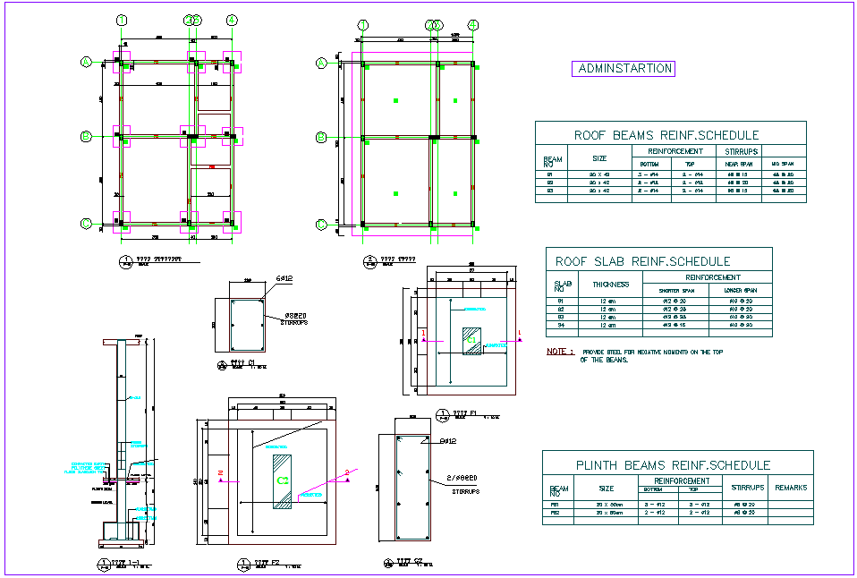 Admin area plan roof beam and slab view with detail for industrial plant dwg file