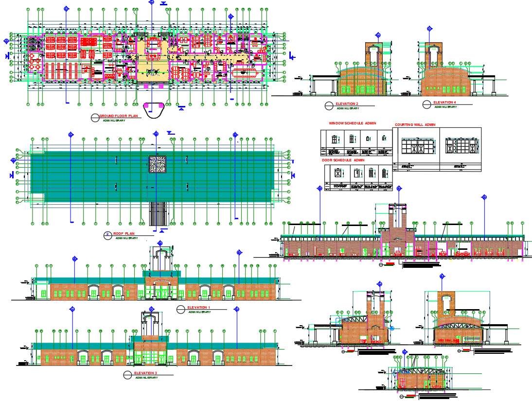 Admin Library Building Design with Elevations, Sections in DWG File