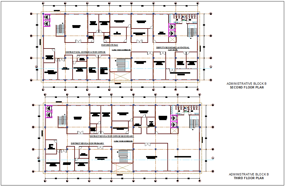 Administration building Block B second and third floor plan with architectural view dwg file