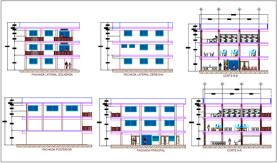 Administration building elevation and section view dwg file