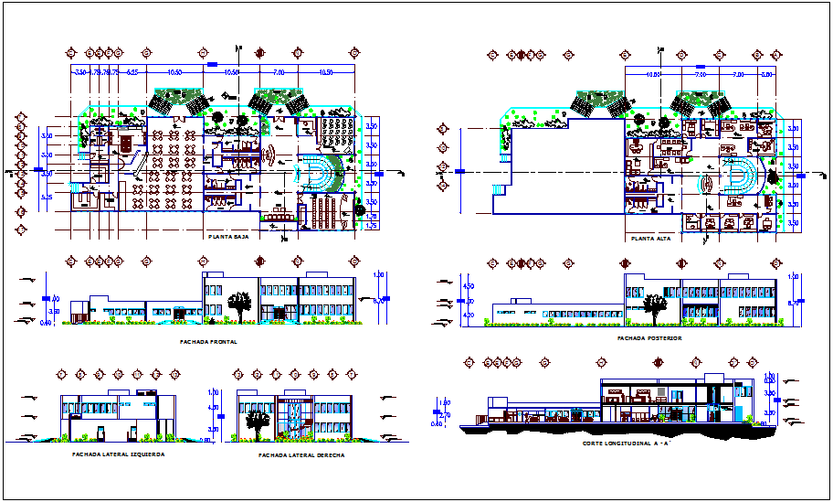Administration building plan,elevation and section view dwg file