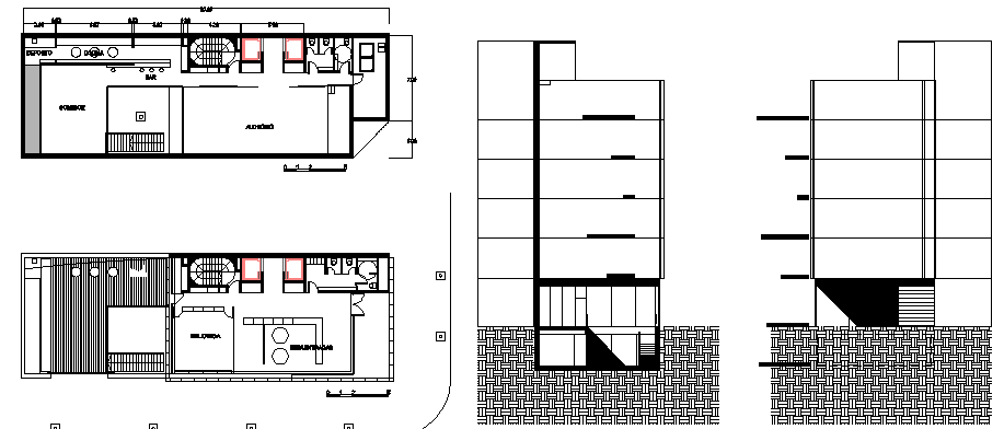 Administration building side sections with two floor plan dwg file