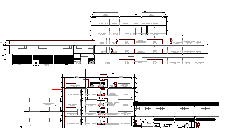 Administration office building front and back sectional details dwg file